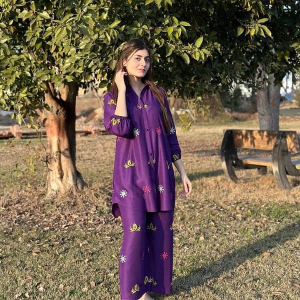 2pcs women's stitched linen embroidered shirt and trouser 0