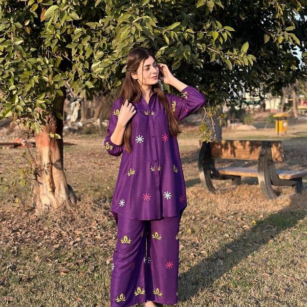 2pcs women's stitched linen embroidered shirt and trouser 1