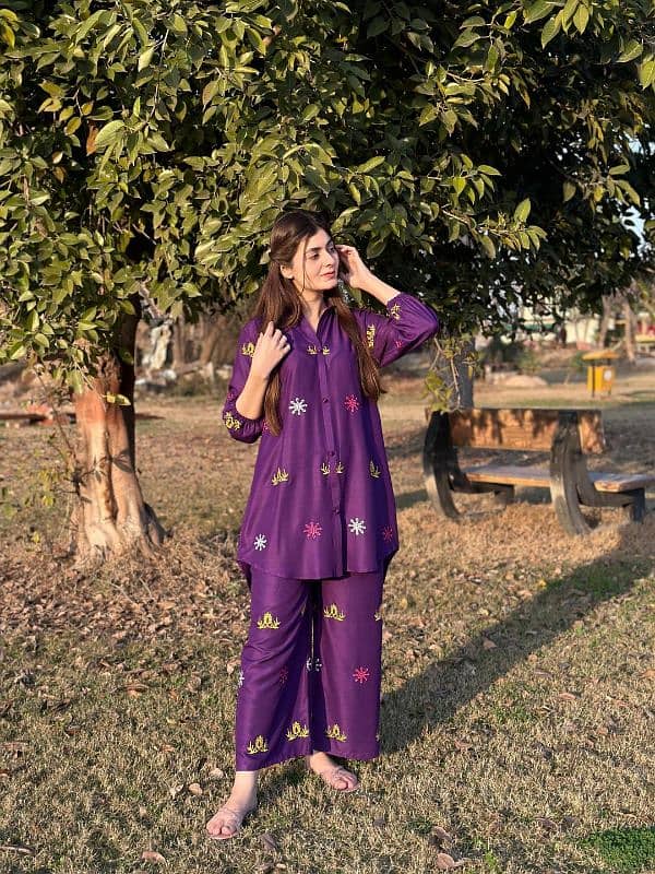 2pcs women's stitched linen embroidered shirt and trouser 3