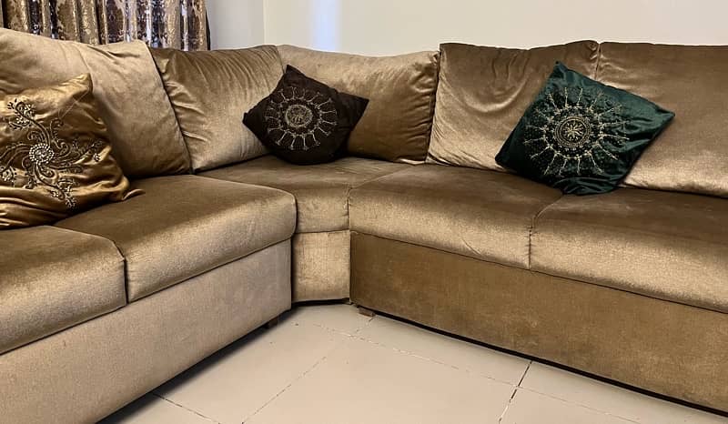 L shaped 7 seater sofa goldenish brown colour 1