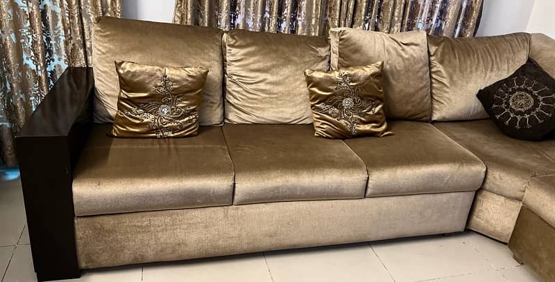 L shaped 7 seater sofa goldenish brown colour 3