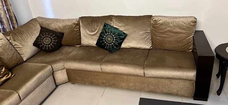 L shaped 7 seater sofa goldenish brown colour 4