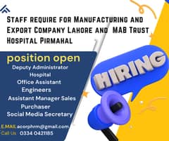 Staff require for Manufacturing and Export Company Lahore & MAB Trust