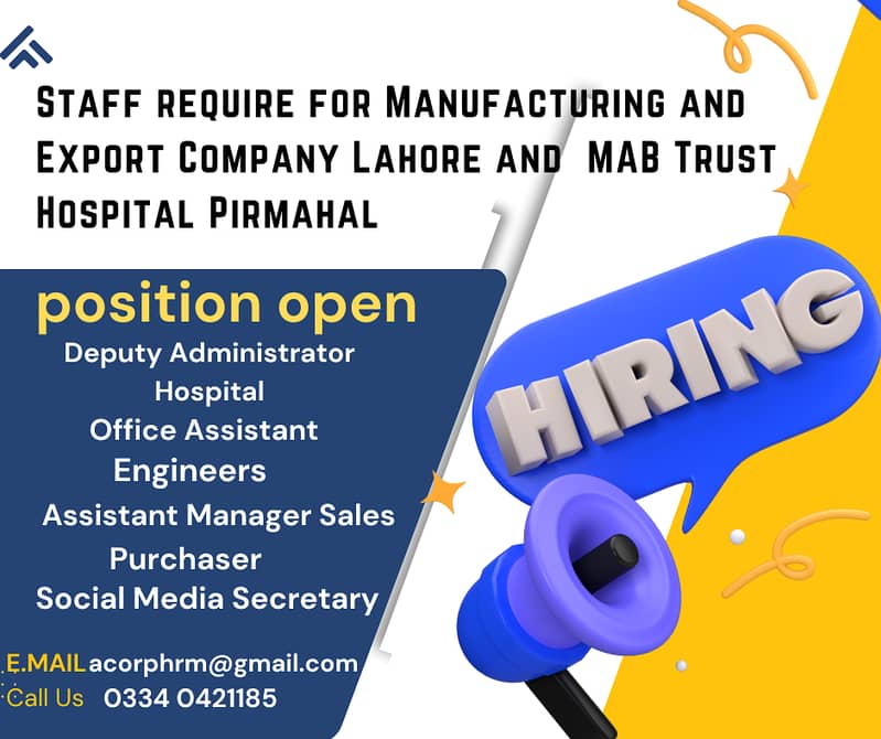 Staff require for Manufacturing and Export Company Lahore & MAB Trust 0