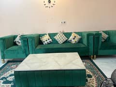 5 seater sofa with matching table beautiful emerald green color