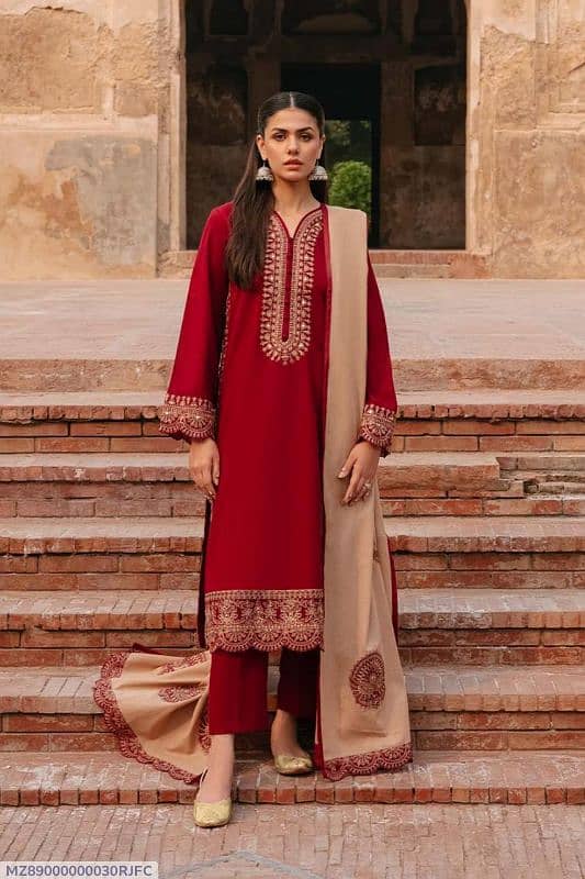 3 pcs Woman's Unstiched Dhanak Embroidered suit 0