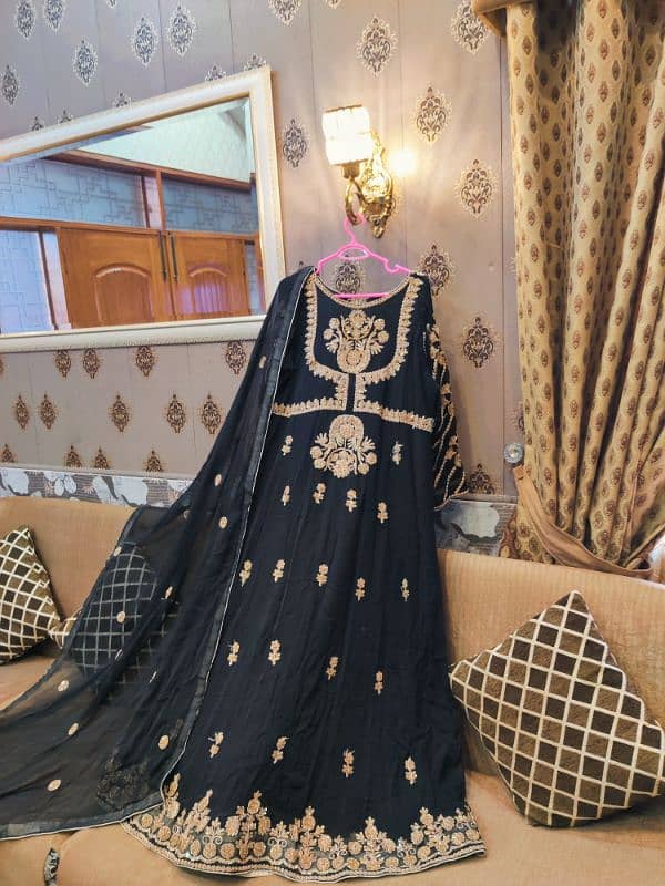 3pc Heavy Fancy Embroidery Long Frock with fancy back neck 0