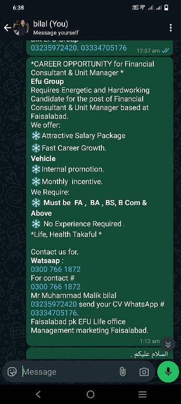 WhatsApp send me CV 03334705176 . EFU Life office. . EFU female job 1