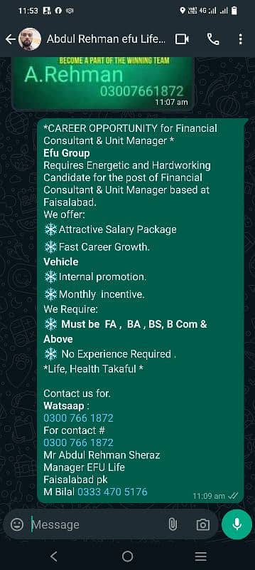 WhatsApp send me CV 03334705176 . EFU Life office. . EFU female job 17