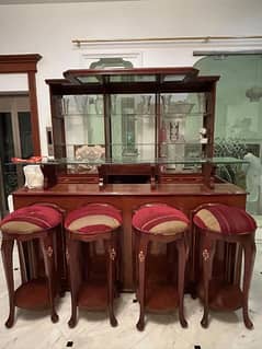 Antique Bar/Serving/Decor Table with 4 Stools.