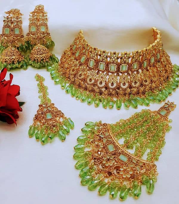 *Gold-plated Zircon 4 Different Color's Bridal Colar Set With Jhumar* 3