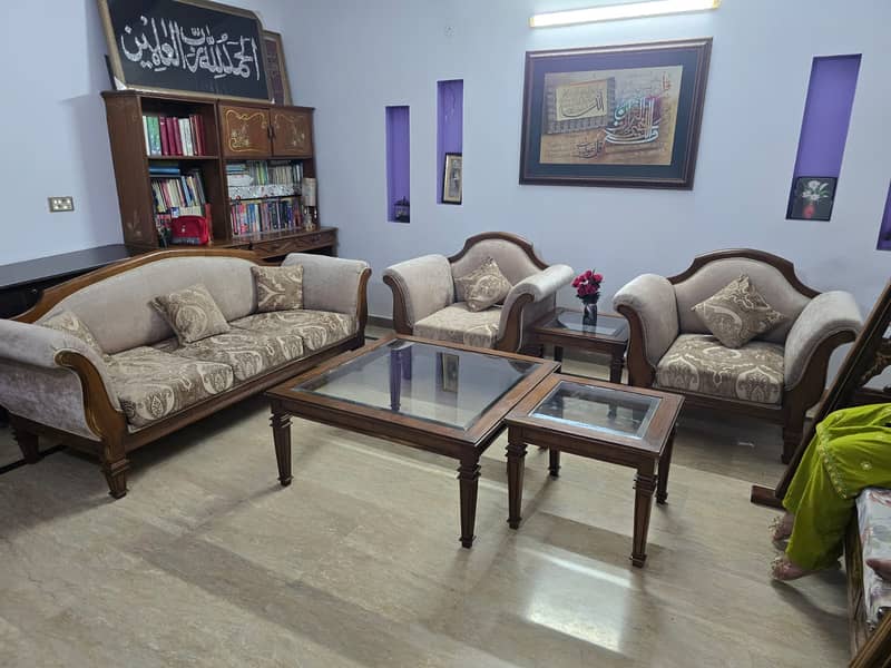 Solid Walnut wood 5 seater Sofa set with Center Table set 1