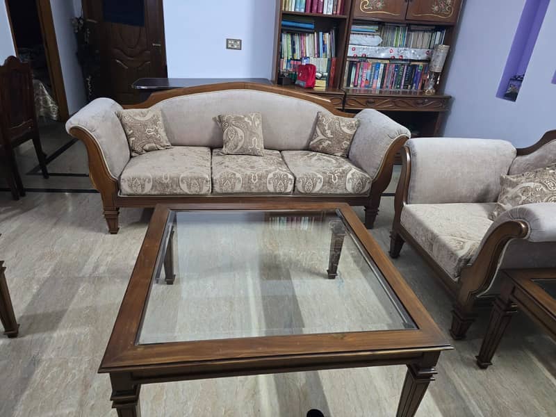 Solid Walnut wood 5 seater Sofa set with Center Table set 2