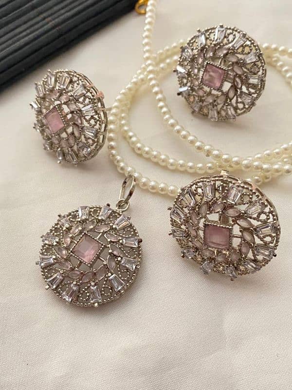 Gold & Silver Plated 8 Zircon Pendant Set With Adjustable Ring 3