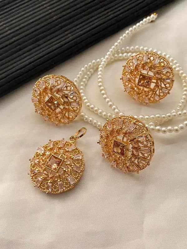 Gold & Silver Plated 8 Zircon Pendant Set With Adjustable Ring 4