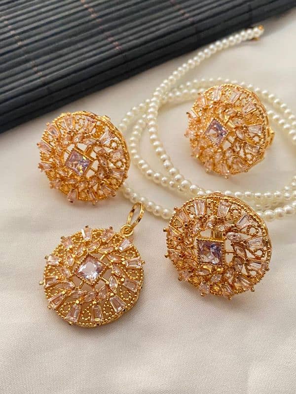 Gold & Silver Plated 8 Zircon Pendant Set With Adjustable Ring 5