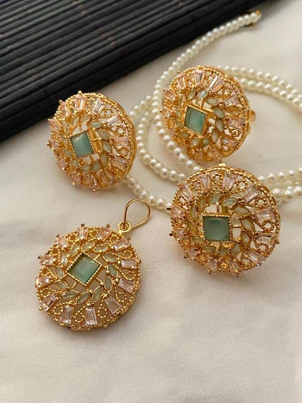 Gold & Silver Plated 8 Zircon Pendant Set With Adjustable Ring 10