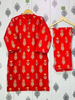 2 pcs Women's Stitched linen block printed shirt and trousers