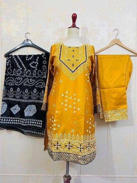 3 pcs women,s stitched linen block printed suit 0