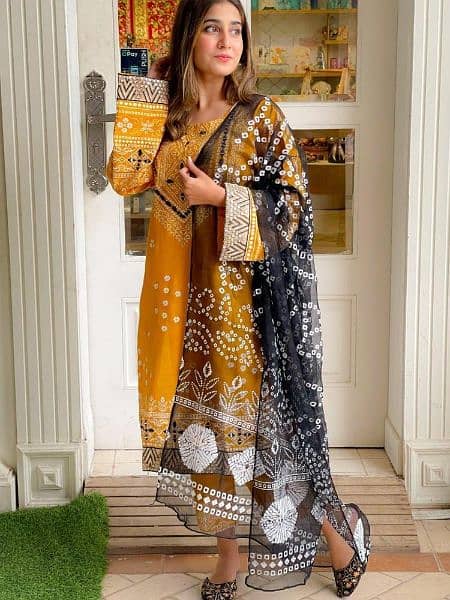 3 pcs women,s stitched linen block printed suit 2