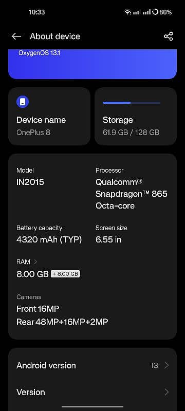 ONEPLUS RAM 8 128GB SNAPDRAGON 865 0