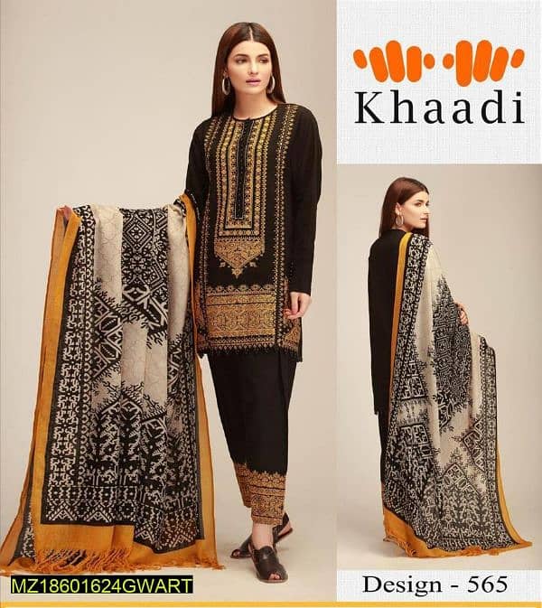 3 Pcs womens unstitched khaddar embroidered suit 1