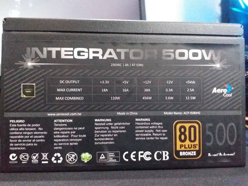 Aerocool 500watt 80+ browns PSU sealed power supply 5