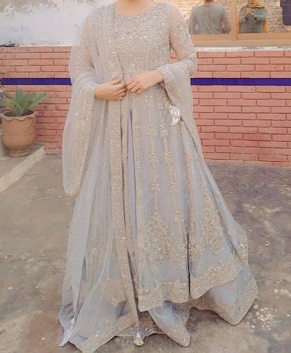 silver grey lehnga with open gown 3