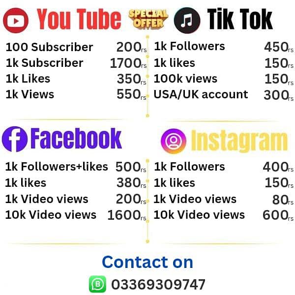 Facebook, Instagram, Tiktok followers likes views 0