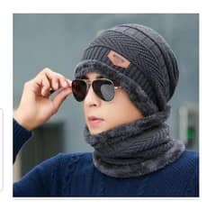 2 PCs wool plain beanie and neck warmer