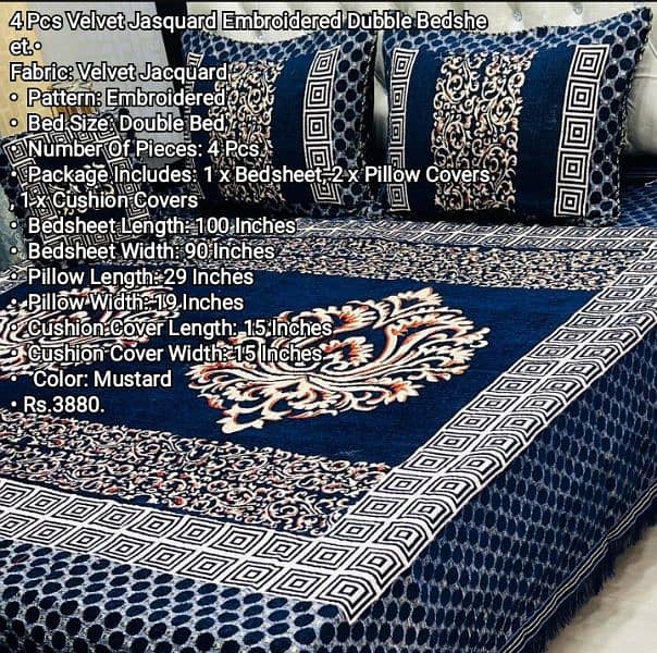 4 Pcs Velvet Jasquard Embroidered Dubble Bedsheet. . 0