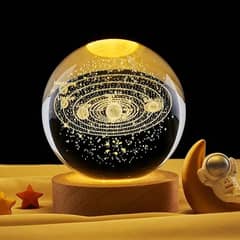 3d Galaxy Solar System Crystal Ball Night Light With Wooden Base