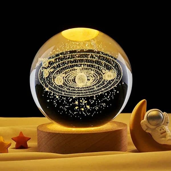 3d Galaxy Solar System Crystal Ball Night Light With Wooden Base 0