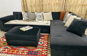 L-Shaped Sofa and 5 seater Wooden Sofa with Tables