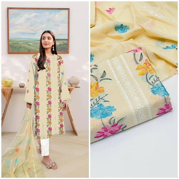 3 PCs women's Unstitched Paper Cotoon Embroidered Suit 0