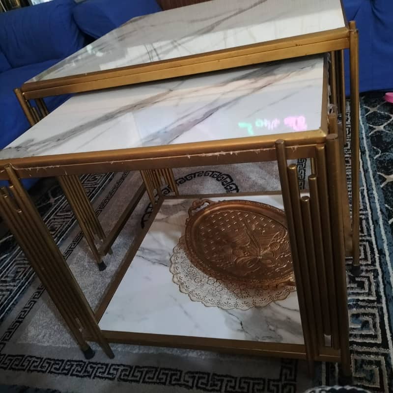 Gold  Double centre table with white marble top 1