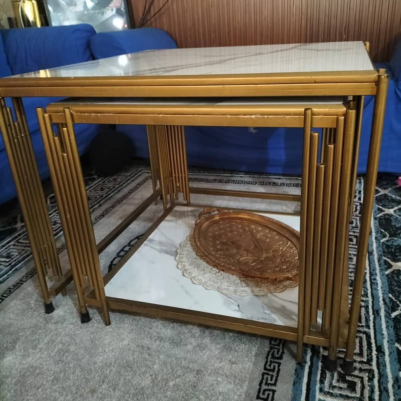 Gold  Double centre table with white marble top 2