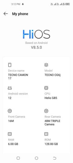 Tecno Camon 17. Official PTA Approved. 6/128 GB