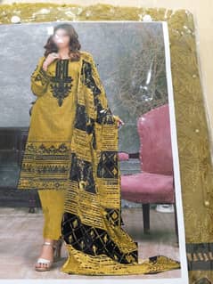 3PC UNSTITCHED COTTON SUIT WITH MOTIVES & DETAILING ON DUPATTA