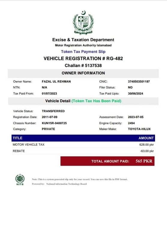 Vehicles Ownership Transfer Token tax 0