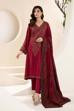 3 PCs unstitched embroidered dhanak suit