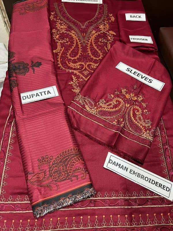 3 PCs unstitched embroidered dhanak suit 2