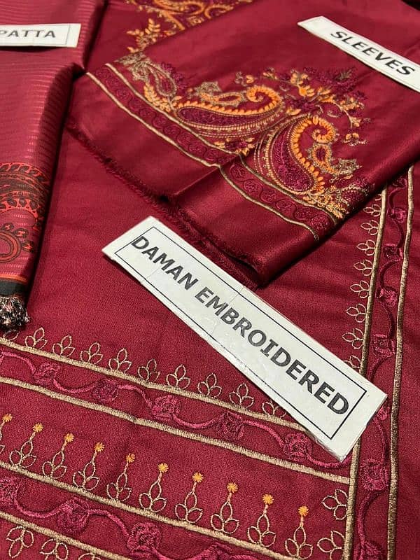 3 PCs unstitched embroidered dhanak suit 3