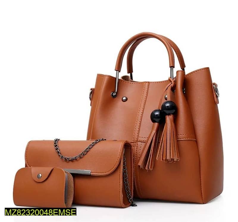 3 Pcs Women's PU Leather Plain Hand Bag Set Free Delivery 1