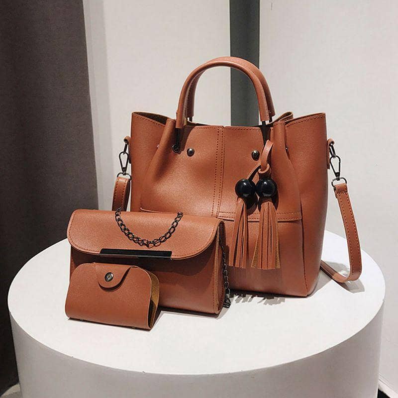 3 Pcs Women's PU Leather Plain Hand Bag Set Free Delivery 5