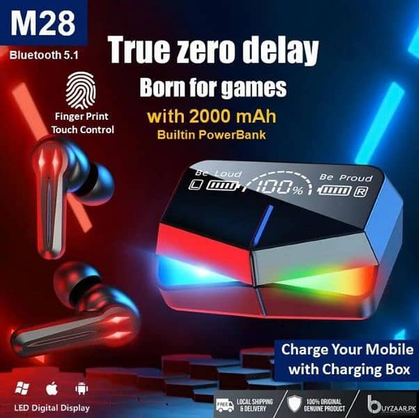 m28 earbuds TWS Bluetooth wireless Gaming EARPHONES Power bank LED 2