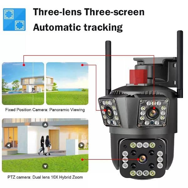 WIFI IP Camera 3 Lens Auto Tracking motion 2way audio Watrproof 8