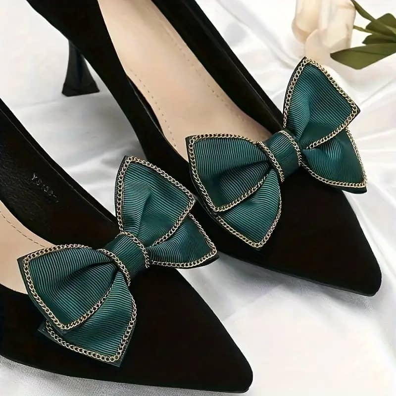 Chic Green Bow Chain Shoe Clips - DIY Detachable Fabric Decor for Hig 2