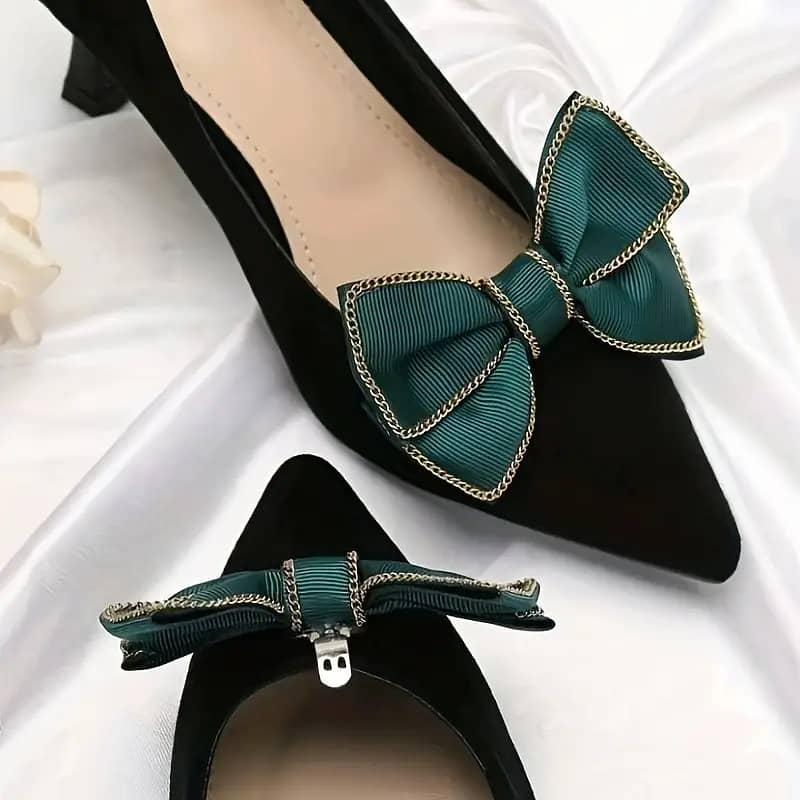 Chic Green Bow Chain Shoe Clips - DIY Detachable Fabric Decor for Hig 3