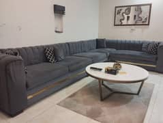 Gray L shaped sofa with cushions (8 seater)